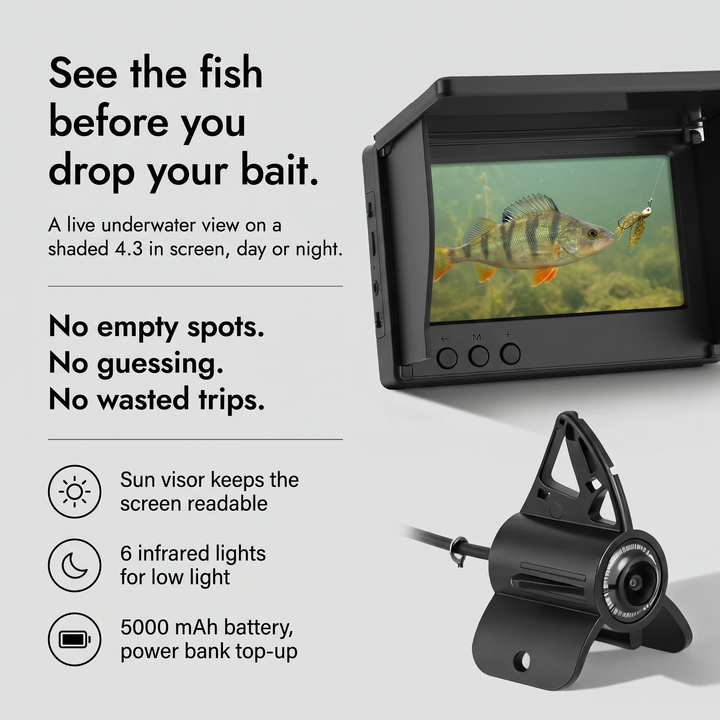 Underwater fishing camera infographic, see the fish before you drop your bait