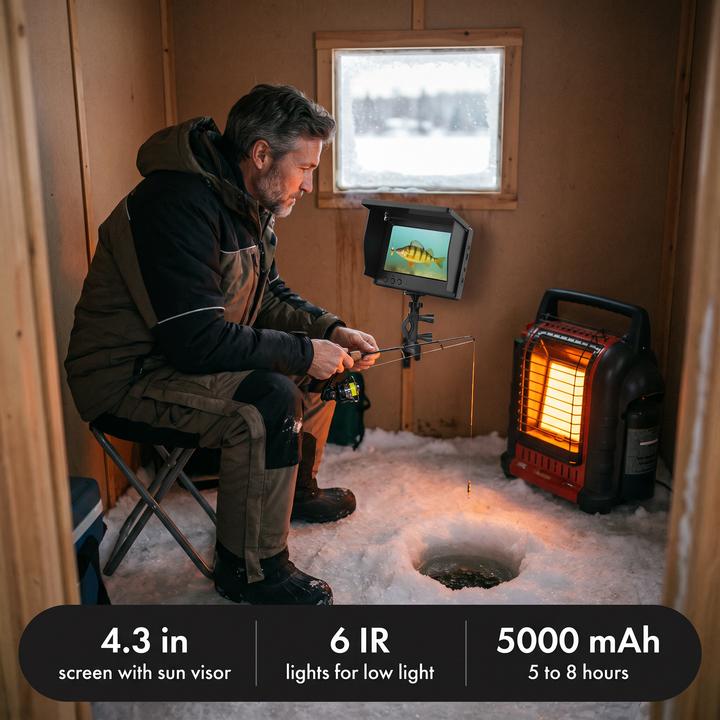 Angler in an ice fishing shelter watching the underwater camera screen