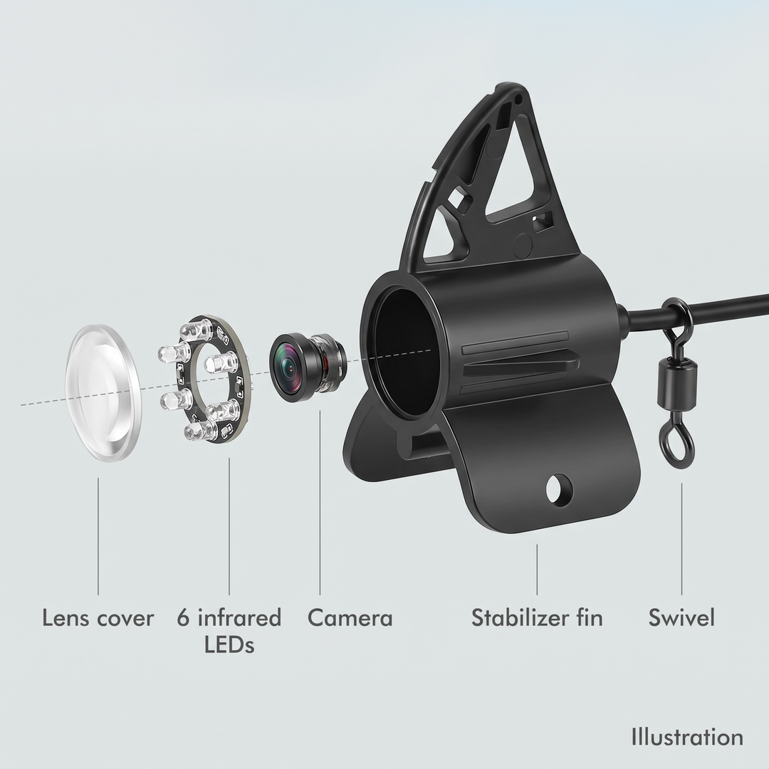 Illustration of the underwater fishing camera head taken apart