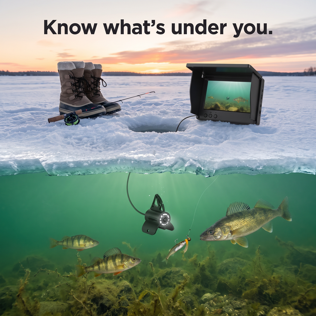 Underwater fishing camera above and below the ice, monitor on the ice and camera near fish