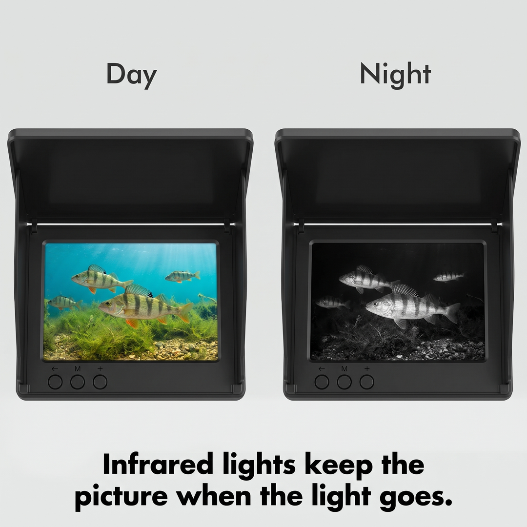 Underwater fishing camera screen in daylight and in infrared night vision