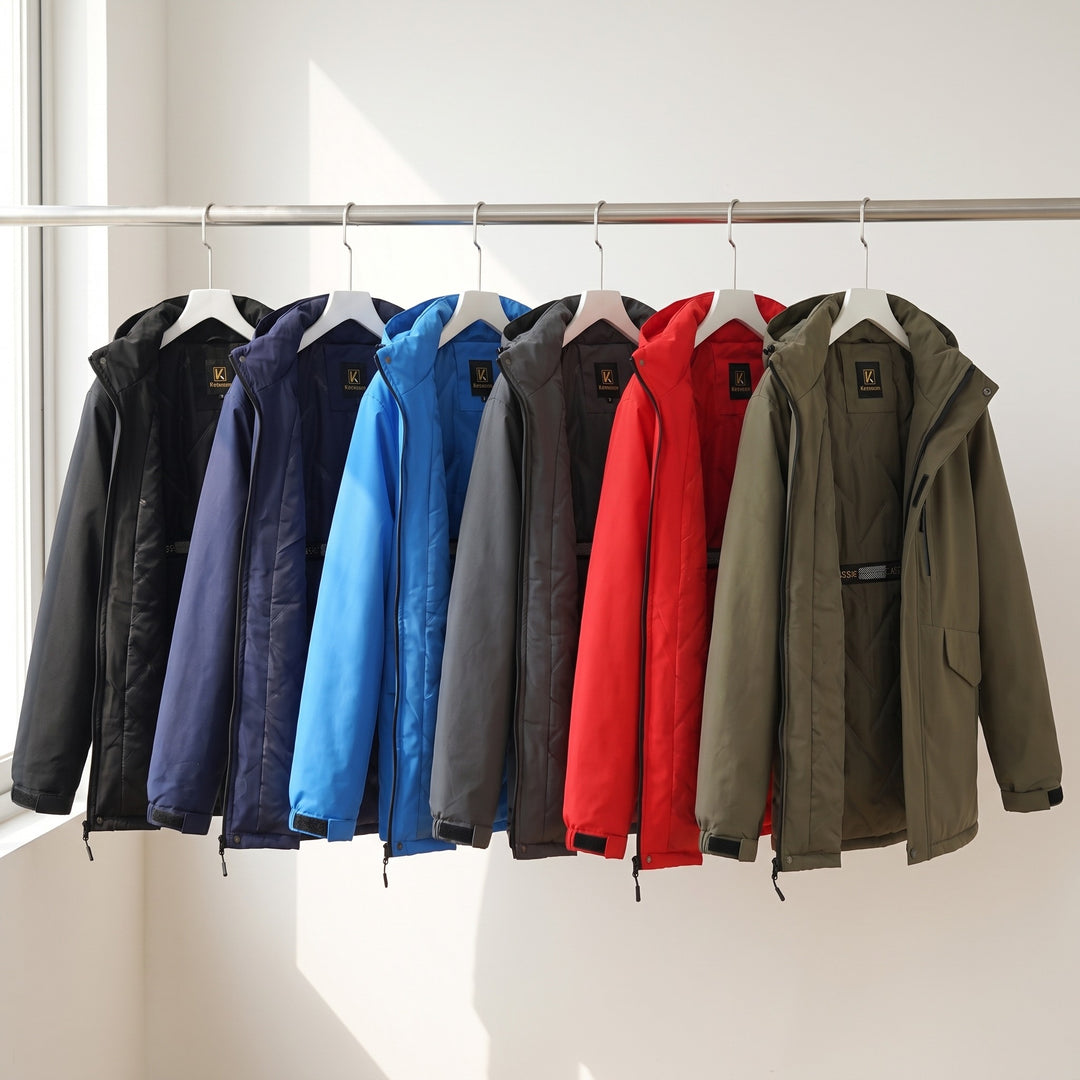 Men's Winter Jacket in all six colors on a rail