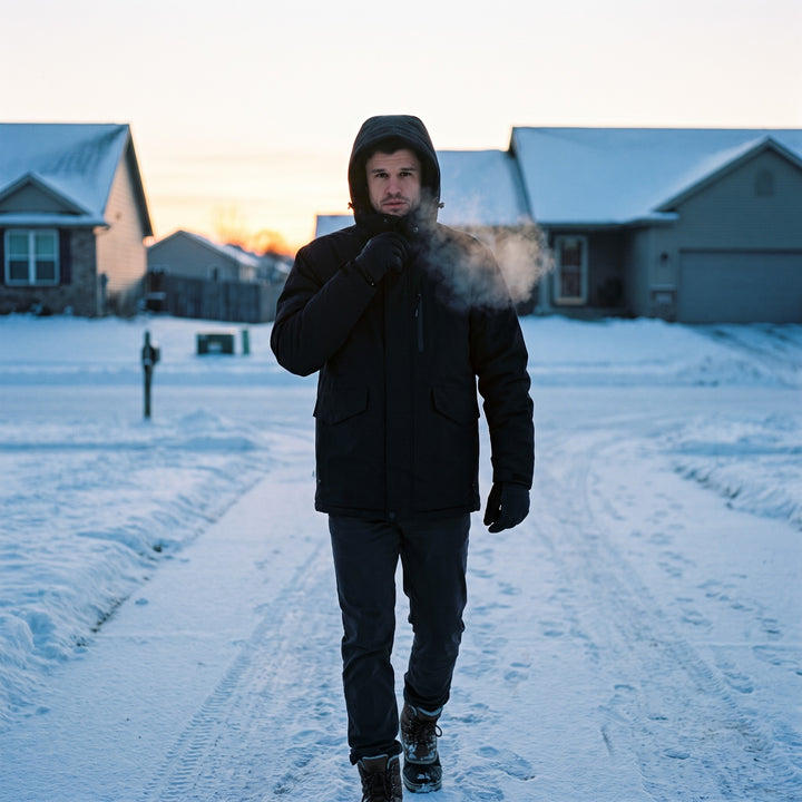 Man in the hooded Men's Winter Jacket walking a snowy driveway at sunrise