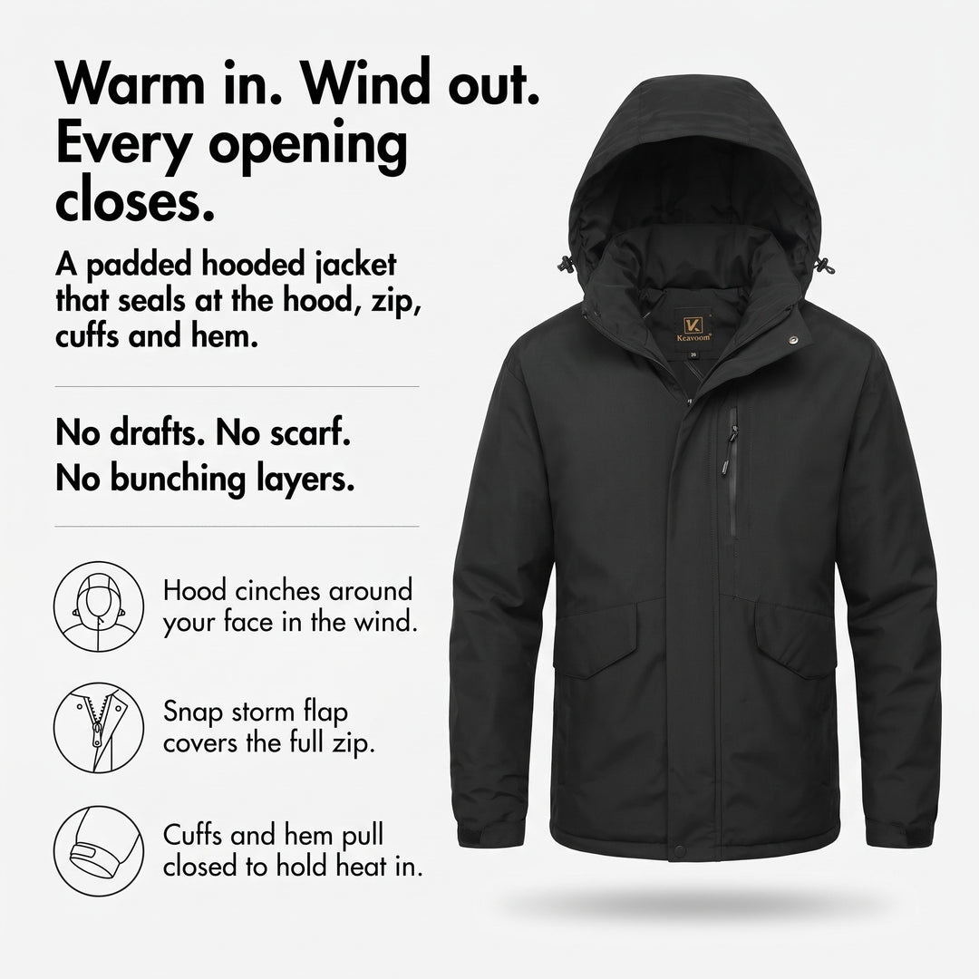 Men's Winter Jacket features: hood, storm flap, cuffs and hem close