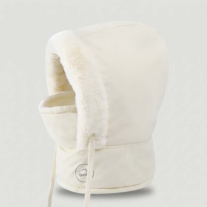 Hooded balaclava padded winter hood with plush trim and face mask in white