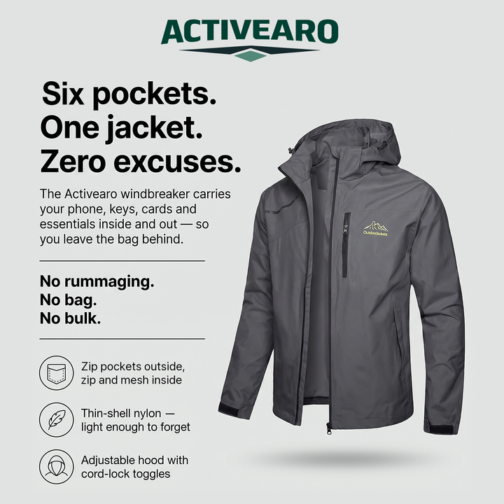 Six pockets on the Activearo windbreaker: thin-shell nylon, adjustable hood