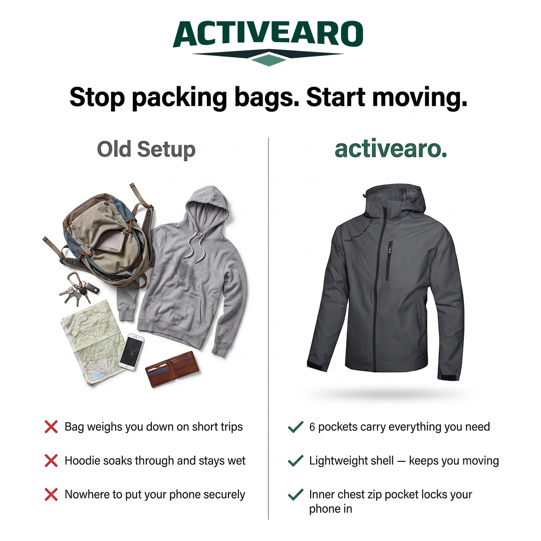 Old setup of bag and hoodie compared with the Activearo windbreaker