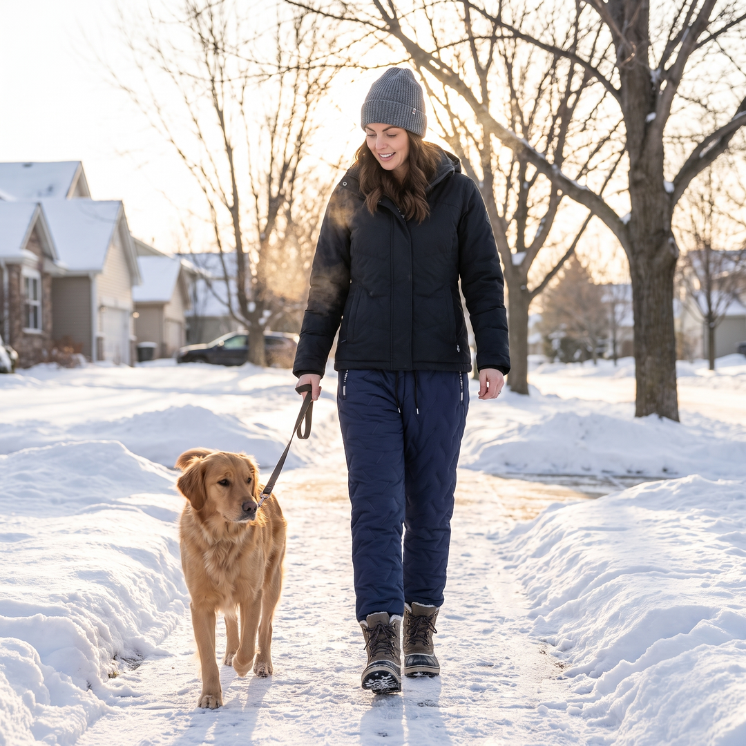 Woman walking a dog on a snowy sidewalk in fleece lined winter pants