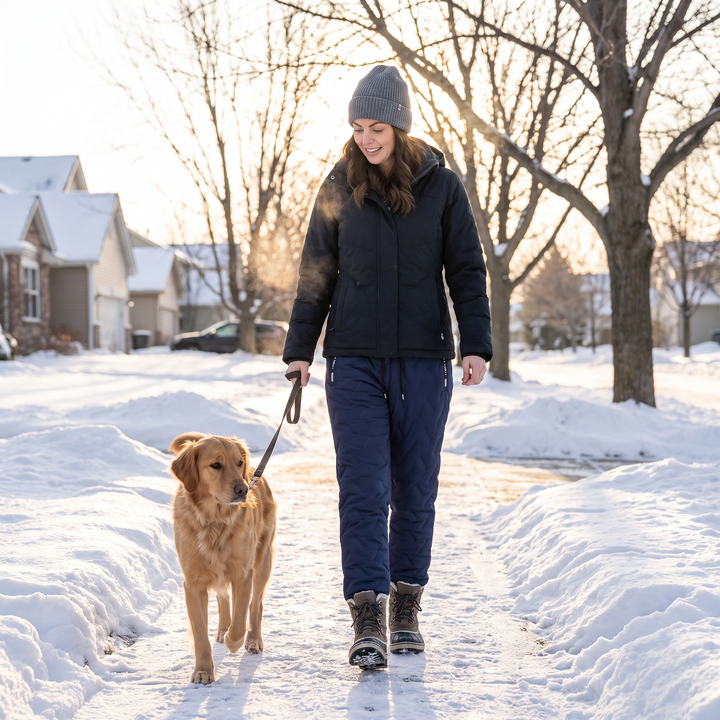 Woman walking a dog on a snowy sidewalk in fleece lined winter pants