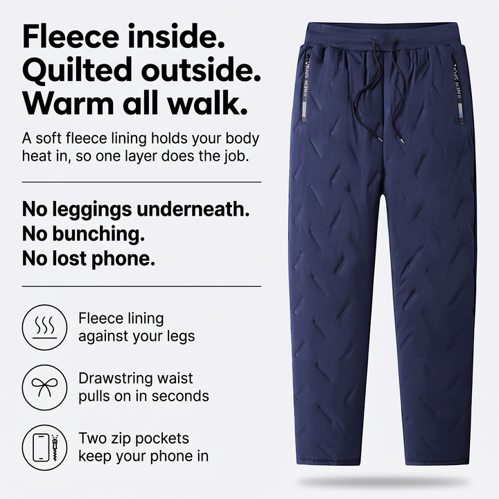 Fleece lined quilted winter pants features