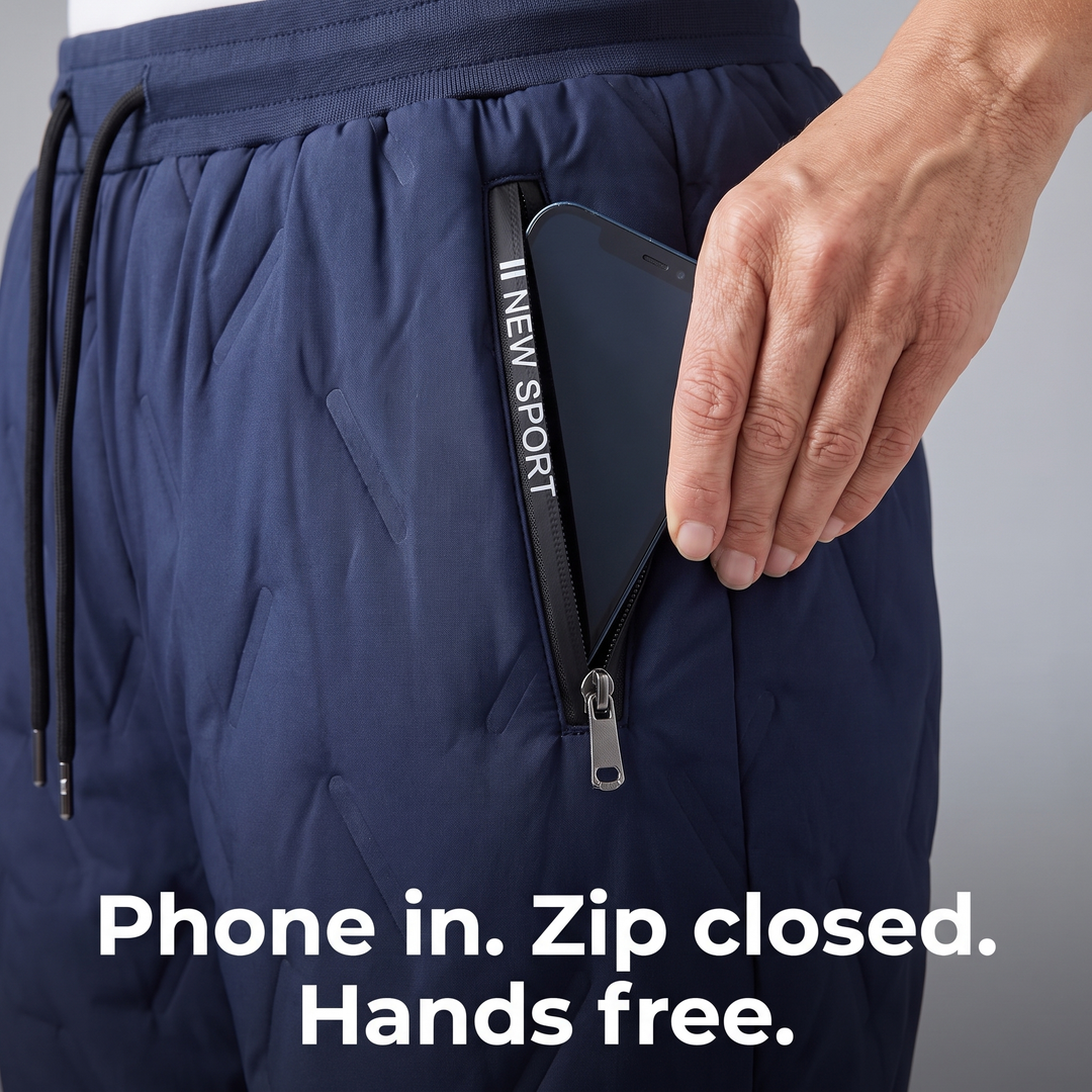 Phone going into the zip side pocket of fleece lined pants